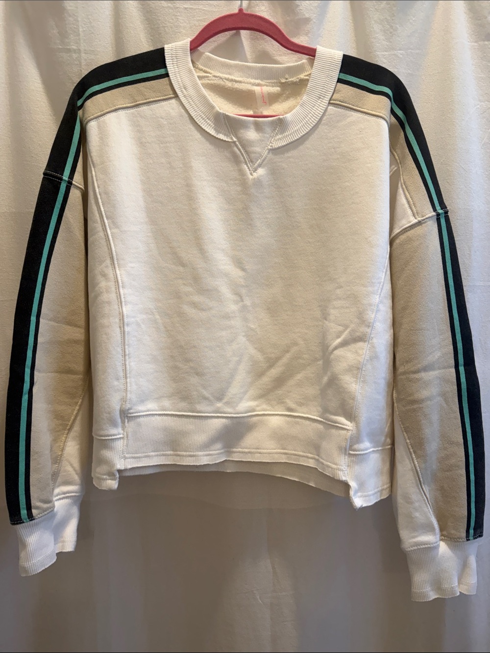 Free People Movement White Crewneck Sweatshirt with Black and Teal Stripe Detail
